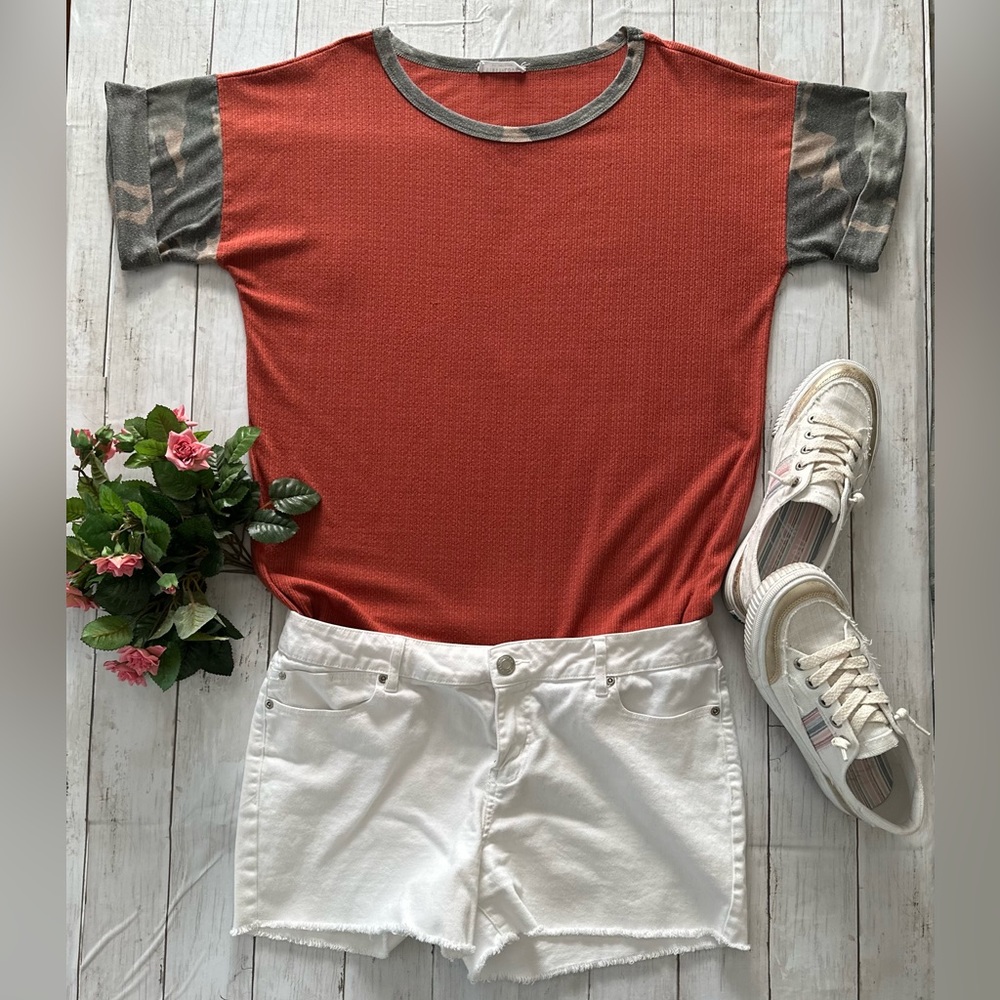 First Love by Lovelyn Shirt in Large-Rust color with camo trim